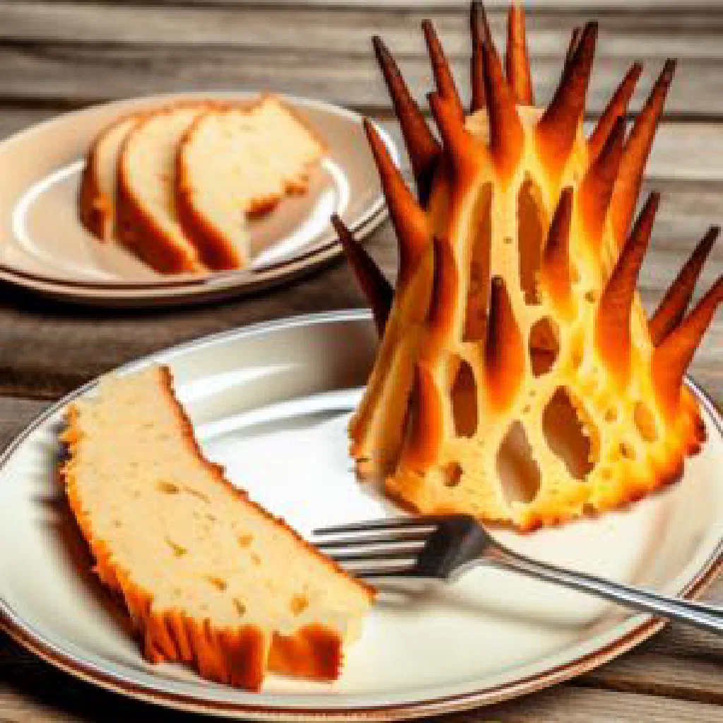 Golden Šakotis tree cake with spiky layered branches on a serving platter