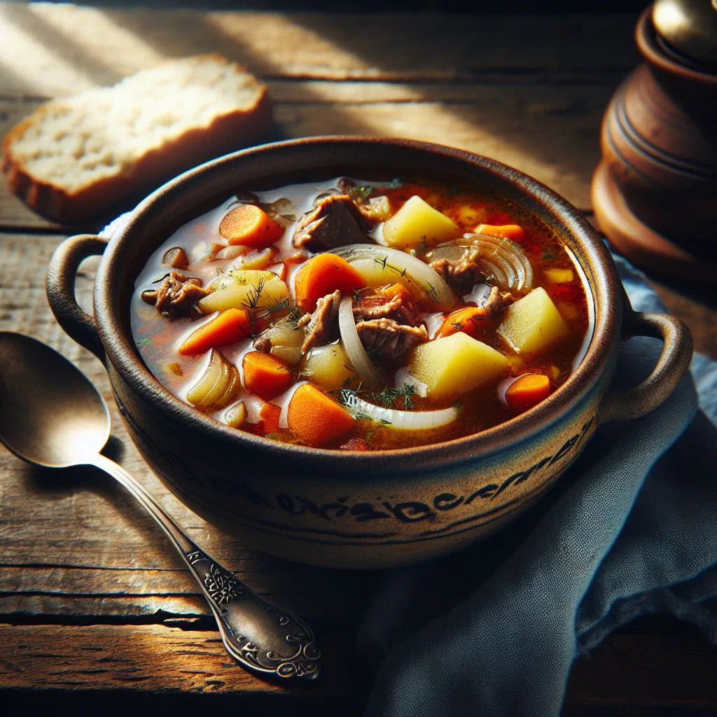 Bowl of Latvian salmon soup with potatoes, carrots and fresh dill