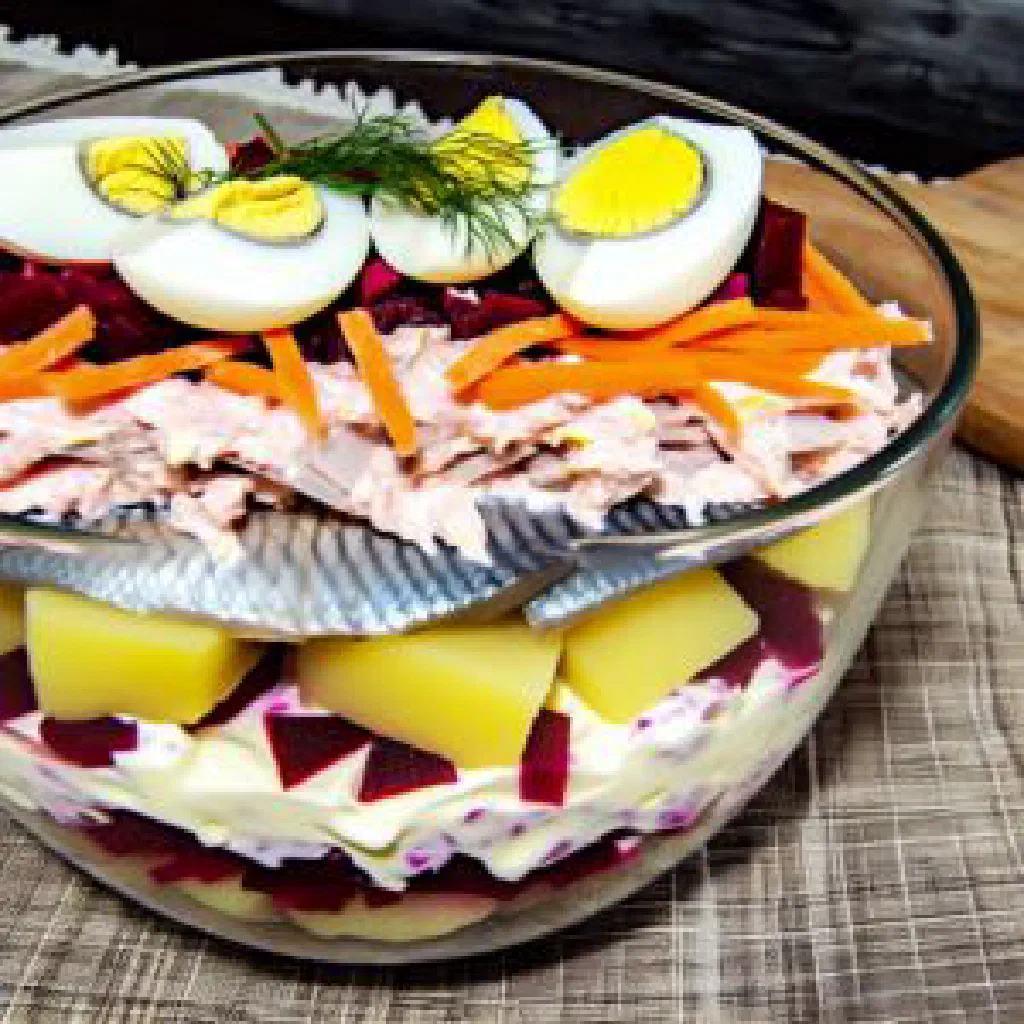 Layered Latvian herring salad topped with soured cream and fresh dill