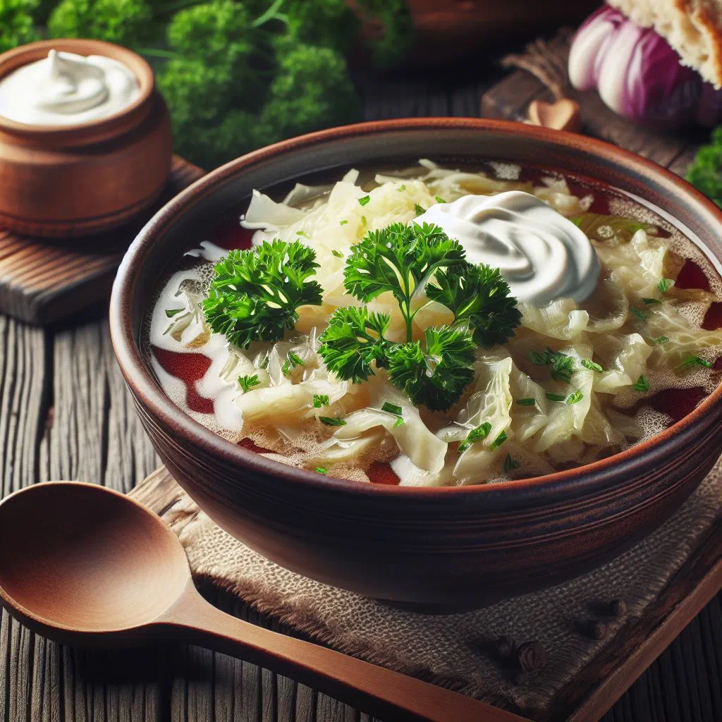 Bowl of Latvian sauerkraut soup with potatoes, carrots and fresh dill
