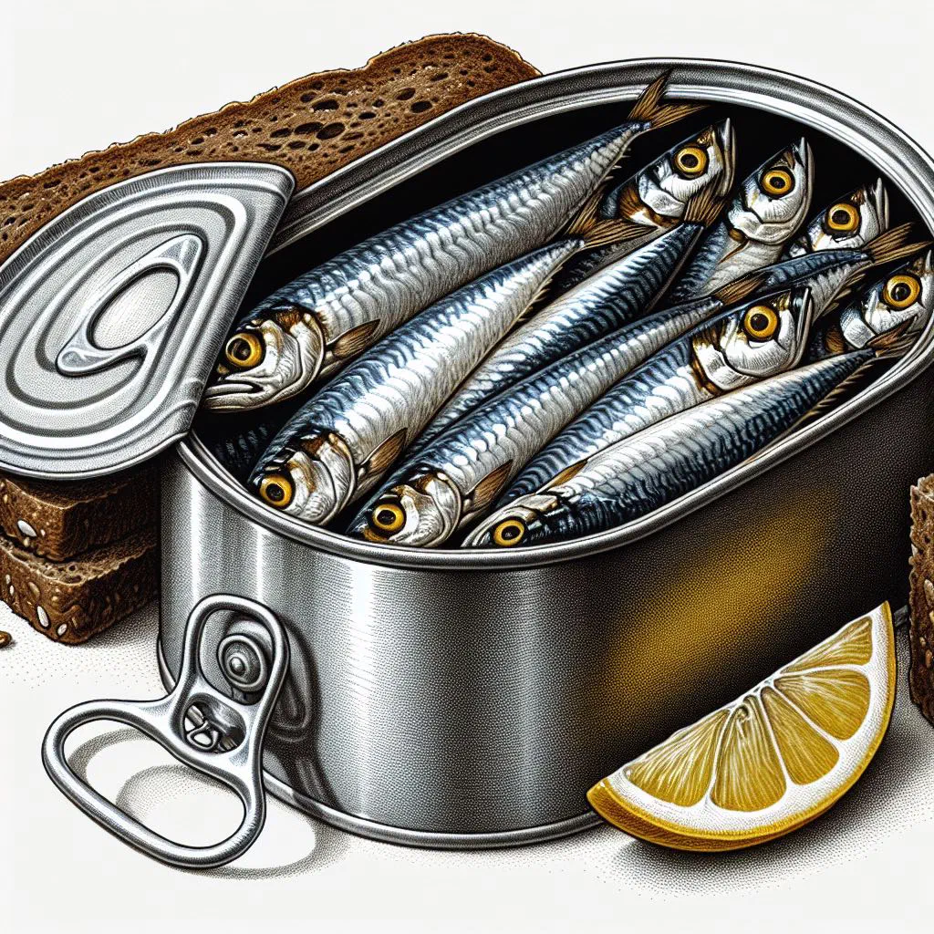 Marinated Latvian sprats with onion rings, dill and lemon on rye bread