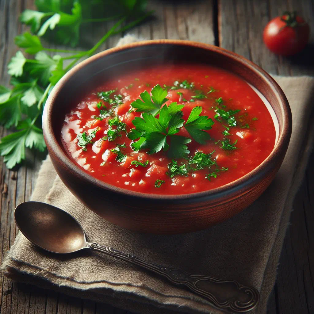Bowl of creamy Latvian tomato soup garnished with fresh basil