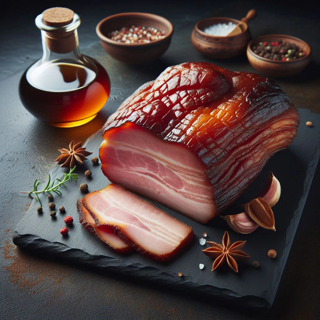 Sliced air-dried Latvian pork with garlic and herbs on a wooden board