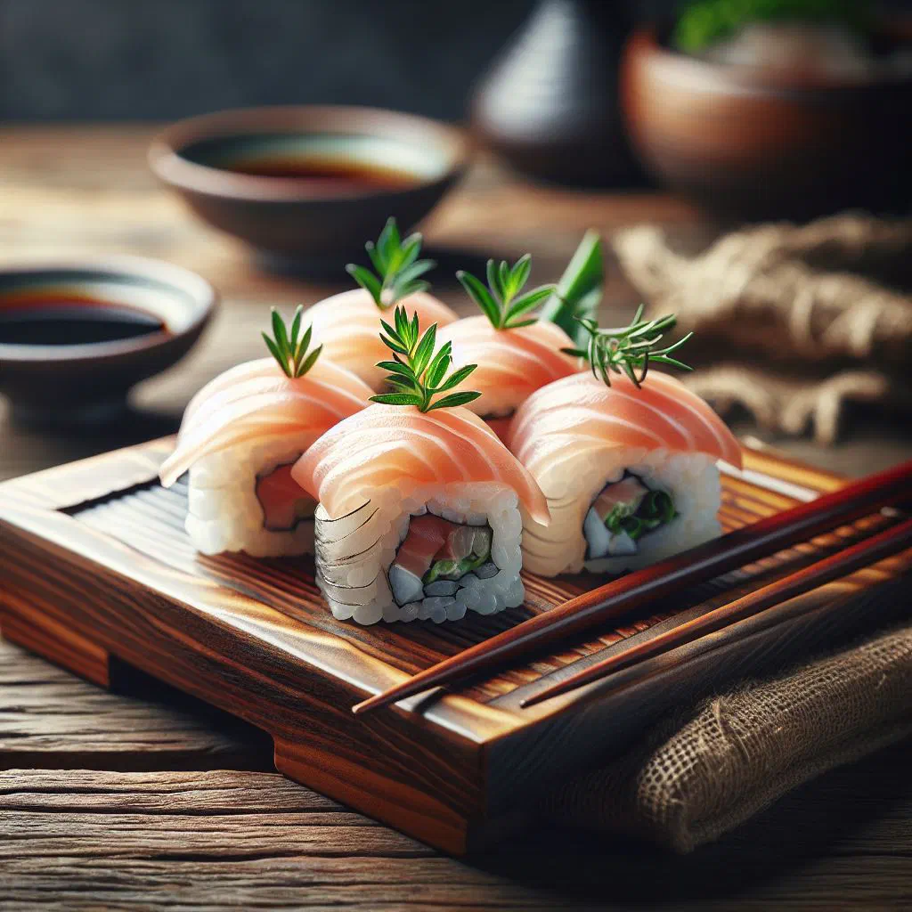 Sliced Latvian fish rolls filled with salmon and fresh dill on a plate
