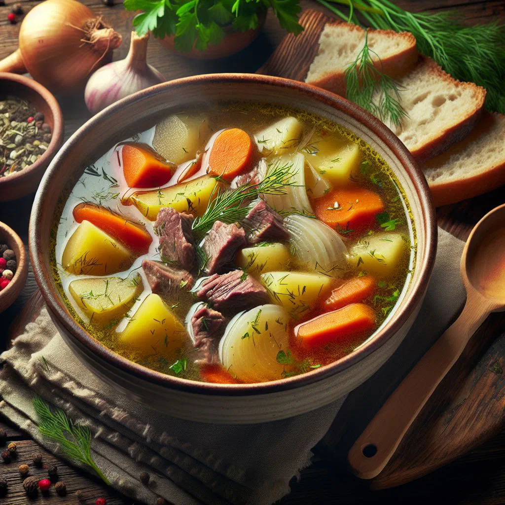 A bowl of clear Latvian vegetable broth garnished with fresh dill
