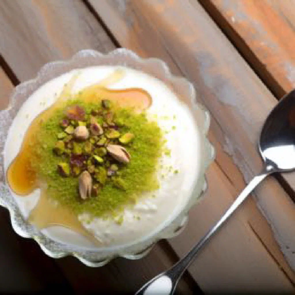 Creamy ashta dessert drizzled with honey and topped with chopped pistachios
