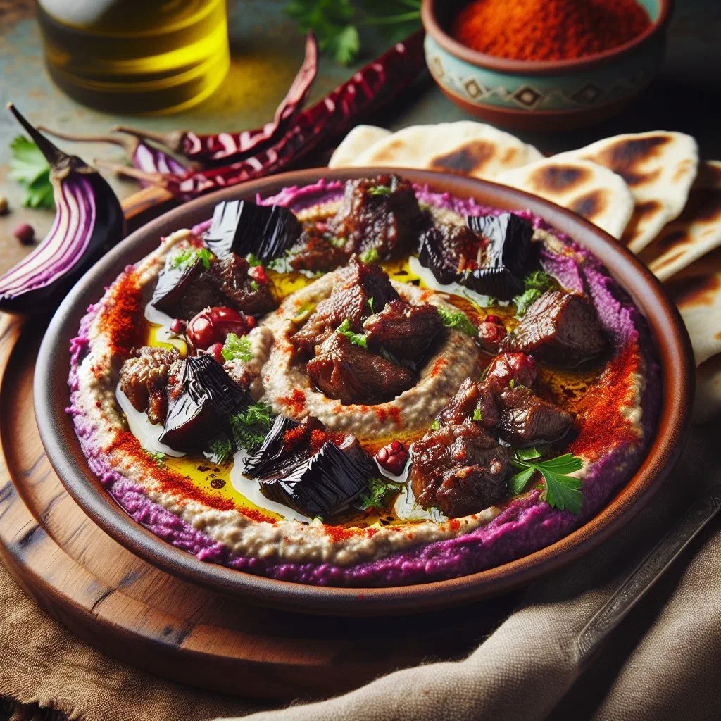 Creamy aubergine purée topped with spiced minced lamb, olive oil and parsley