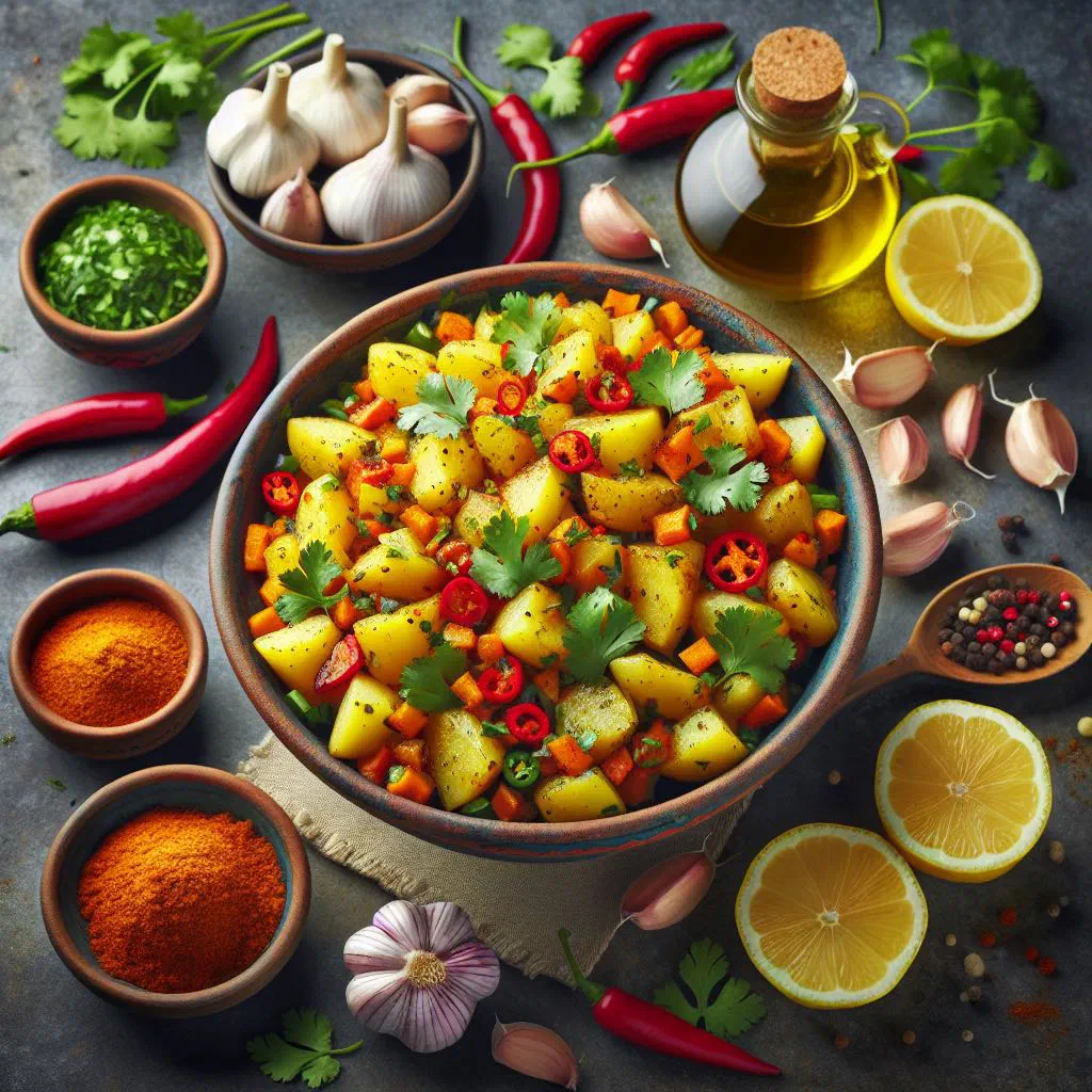 Spicy roasted Batata Harra potatoes tossed with garlic and fresh coriander
