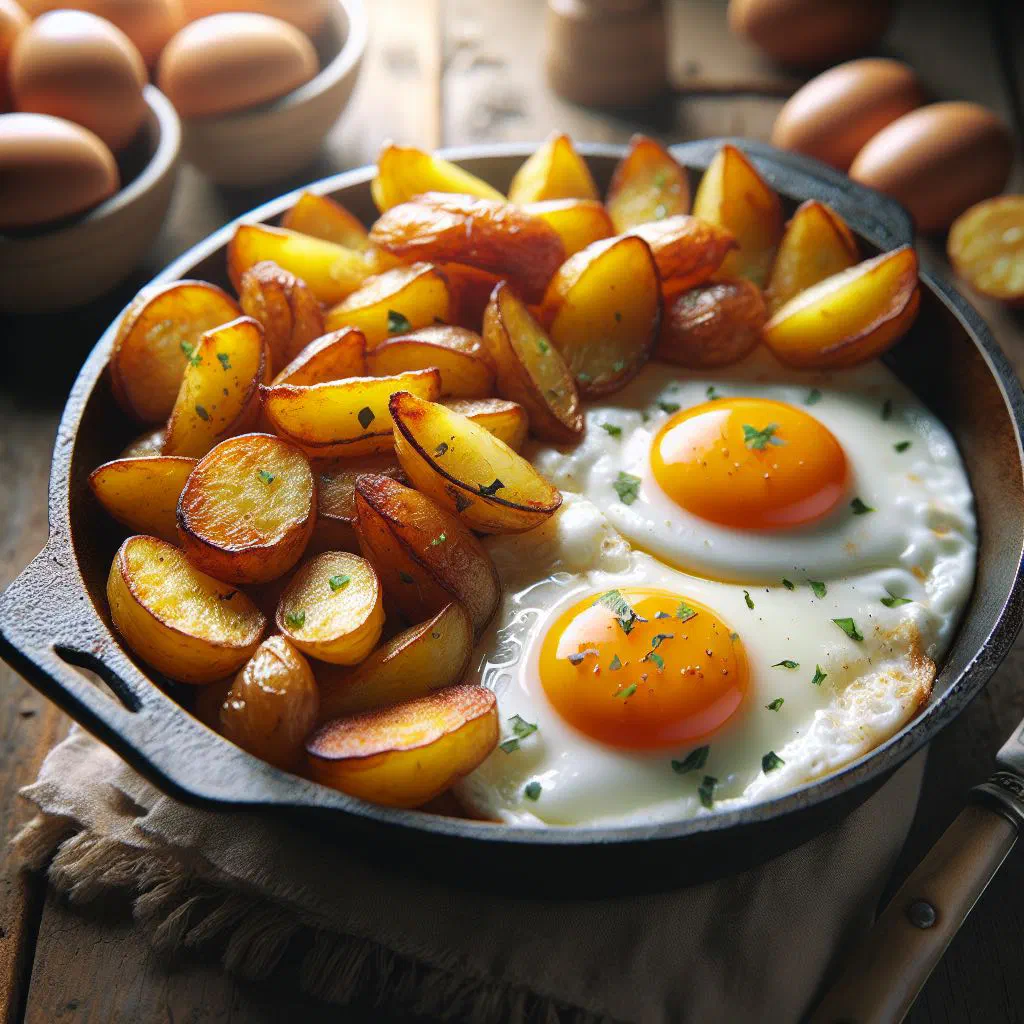 Lebanese batata w bayd with potatoes, eggs and onions in a pan