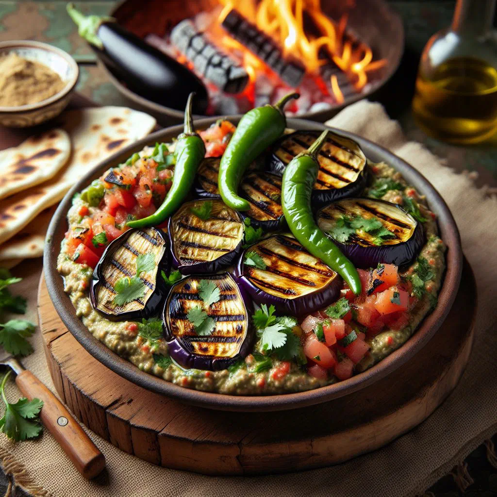 Stuffed aubergine halves topped with fresh parsley on a serving plate