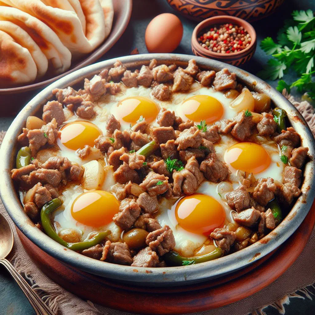 Beid bi Awarma with eggs nestled in spiced meat and flatbread