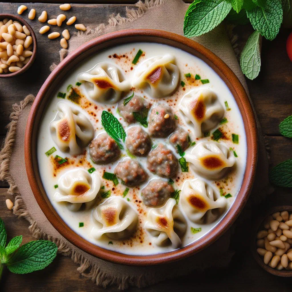 Lebanese chich barak dumplings in a creamy yoghurt sauce garnished with herbs