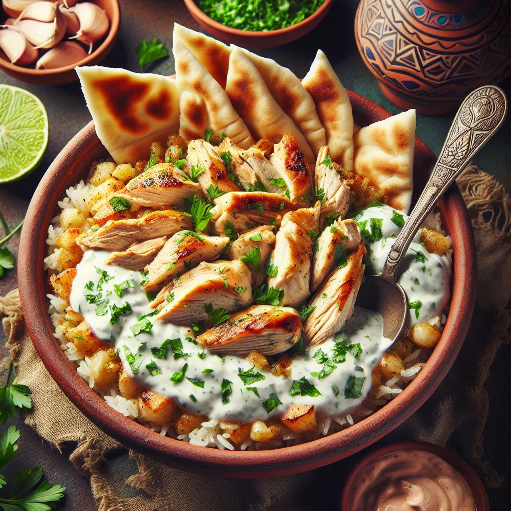 Fattet djaj with shredded chicken, crisp flatbread and yoghurt sauce, topped with pine nuts