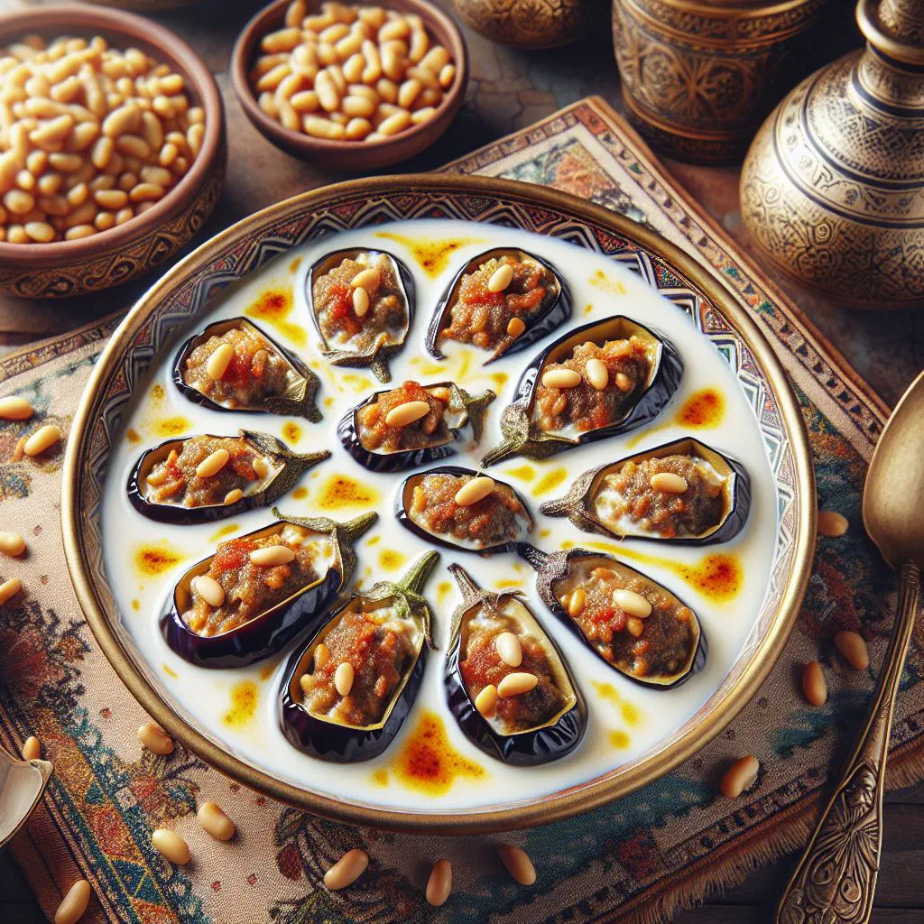 Stuffed aubergines over flatbread topped with creamy yoghurt sauce and toasted pine nuts