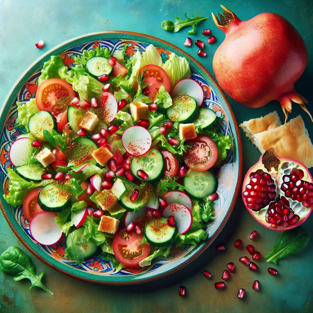 Fattoush salad with crisp vegetables, herbs and pomegranate seeds