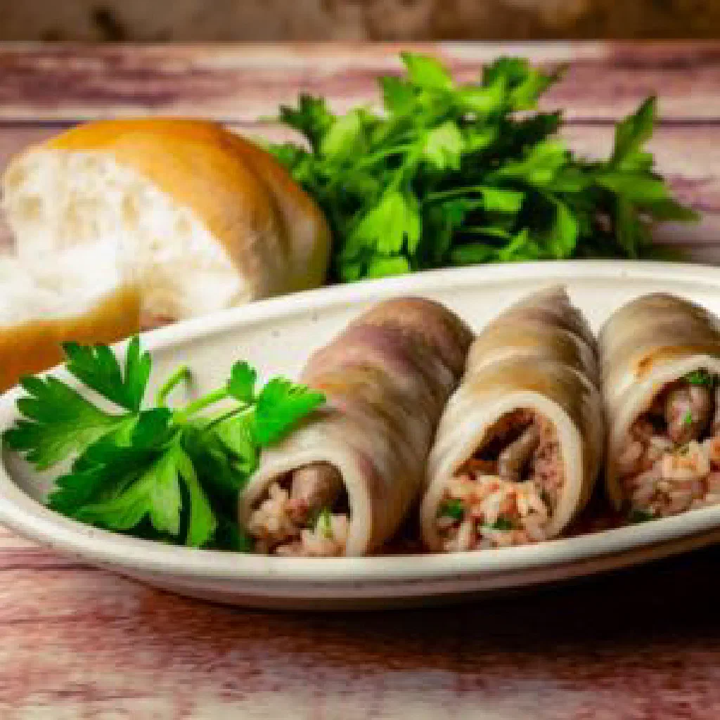 Fawaregh, Lebanese stuffed offal filled with spiced rice, on a serving plate