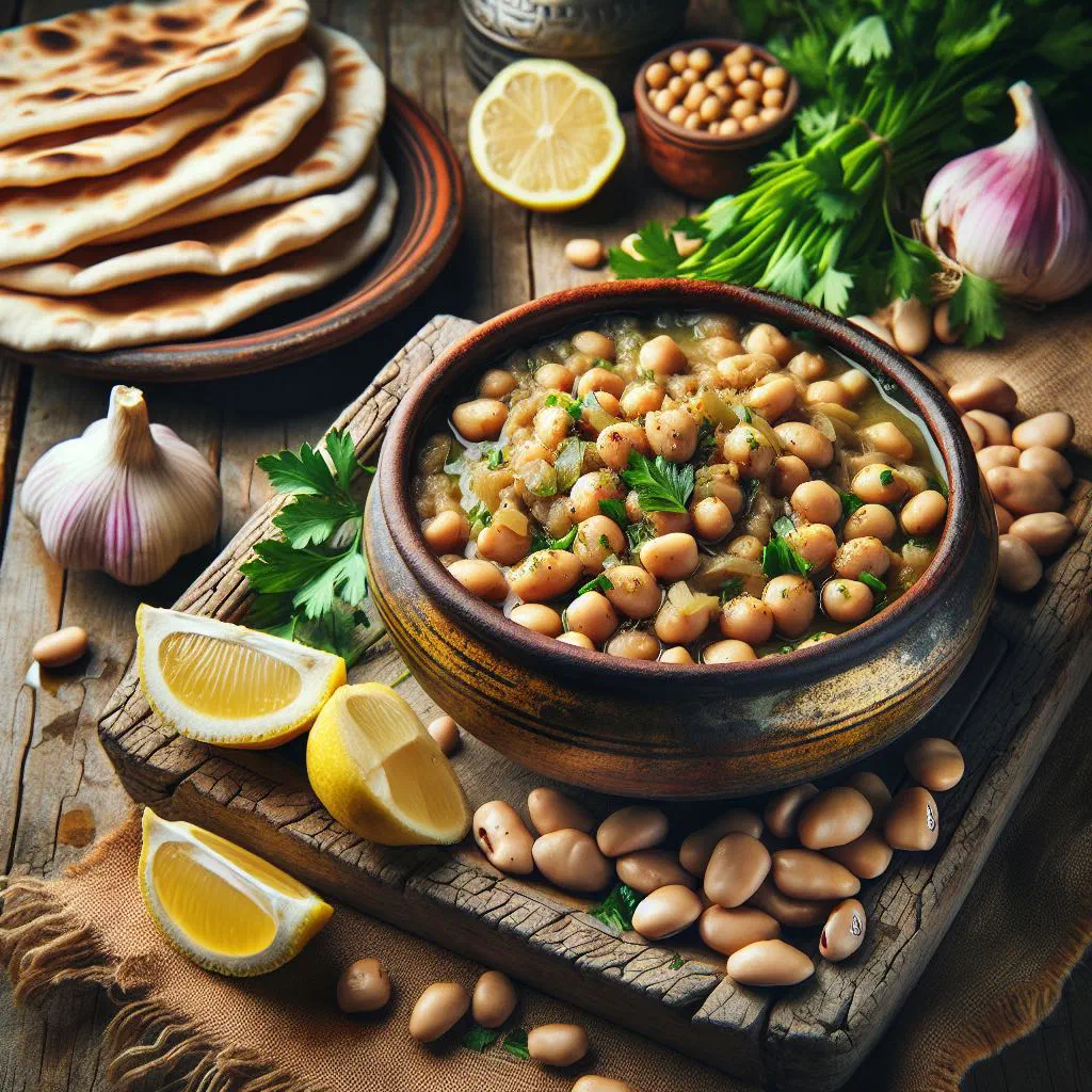 A bowl of foul moudamas with olive oil, lemon and fresh parsley