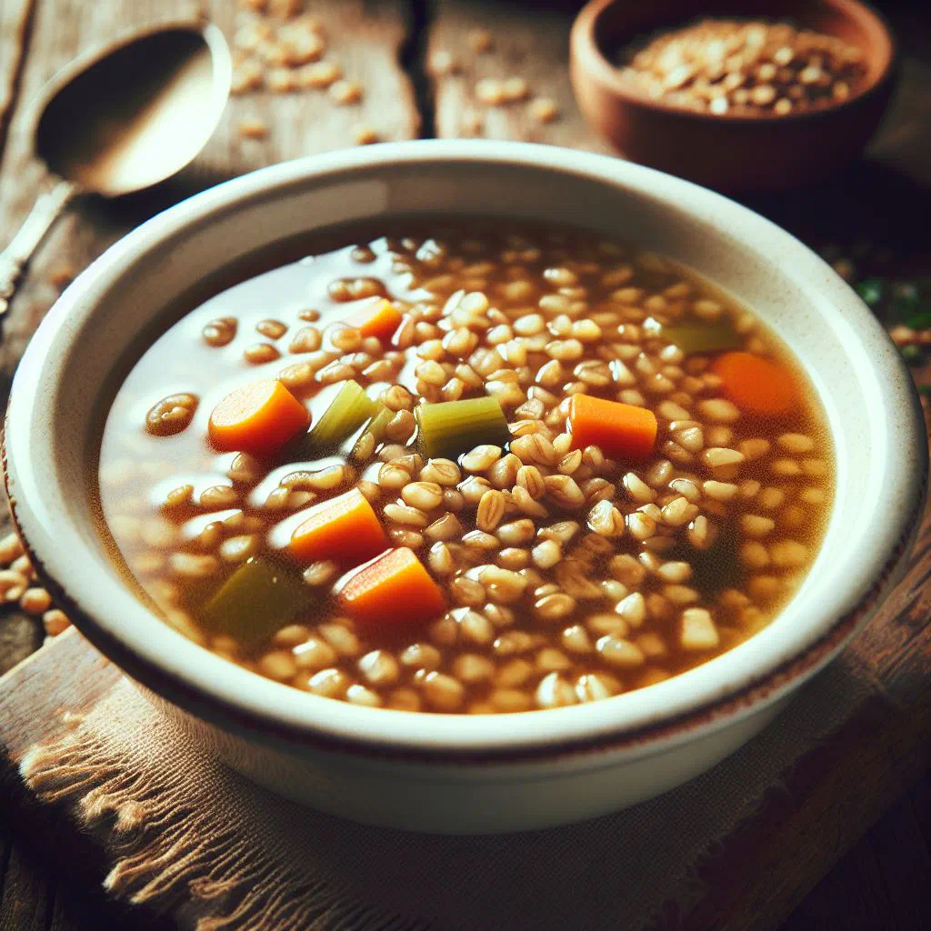 Bowl of Lebanese freekeh soup with vegetables and fresh herbs