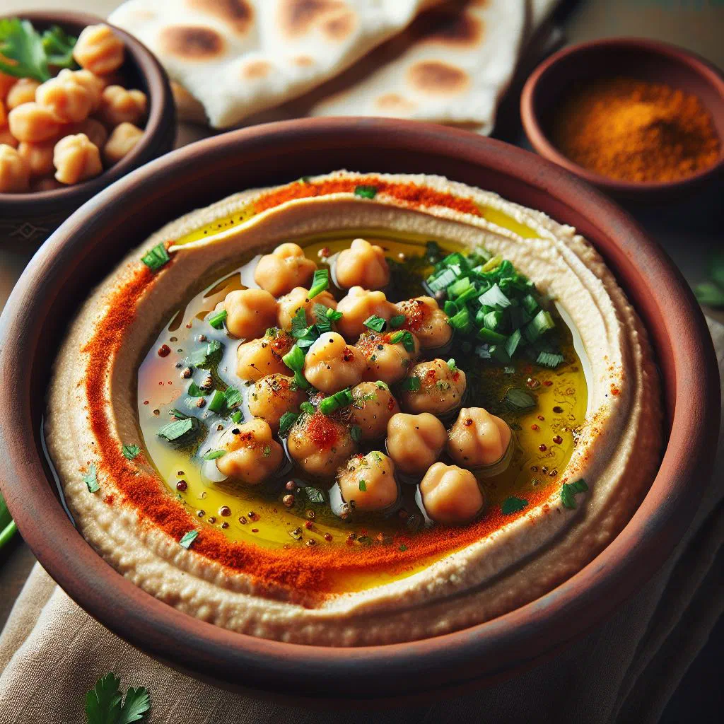 Creamy hummus balila in a bowl topped with olive oil and fresh parsley