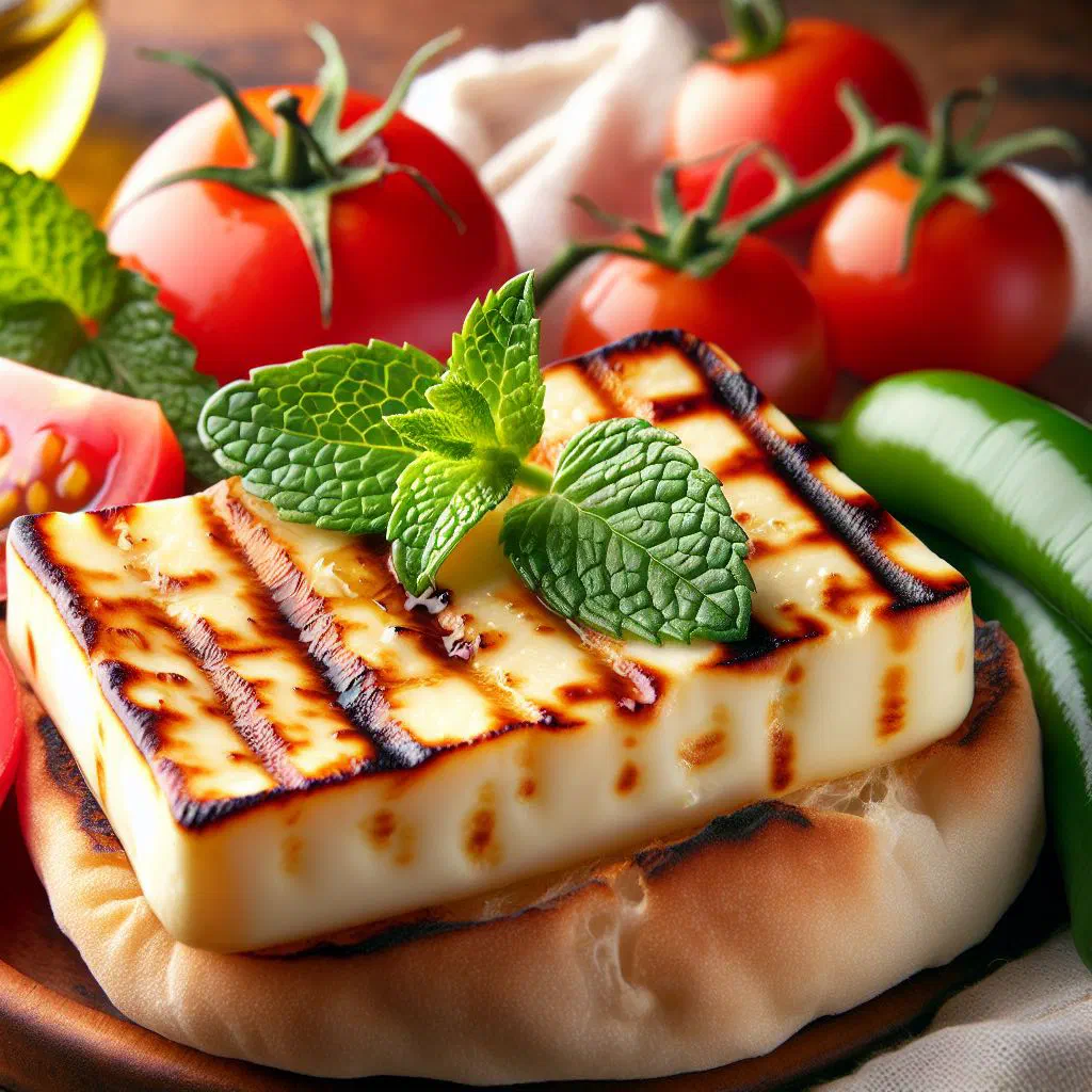 Grilled Lebanese cheese topped with fresh herbs and olive oil