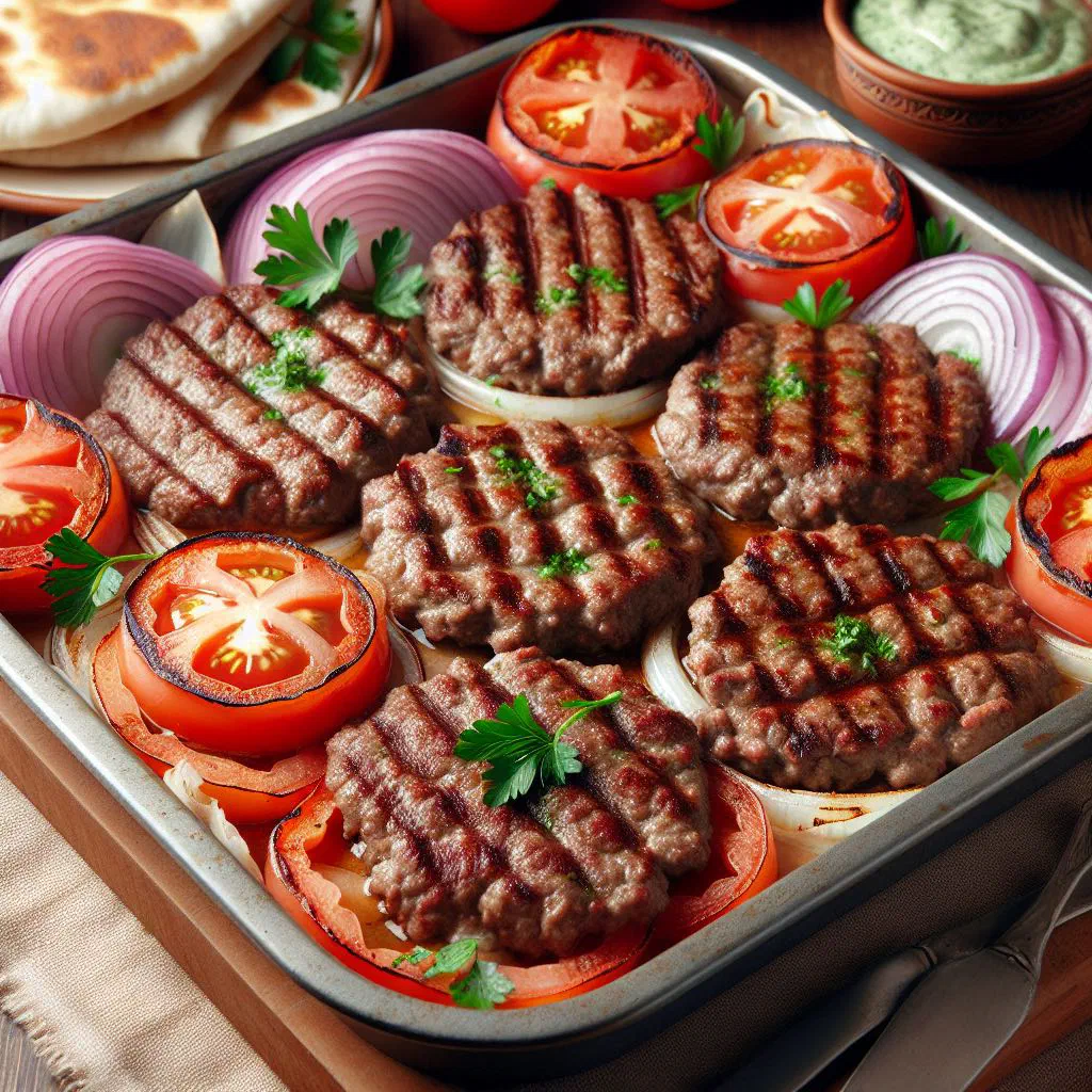 Baked kafta meatballs in a tray with rich tomato sauce and vegetables