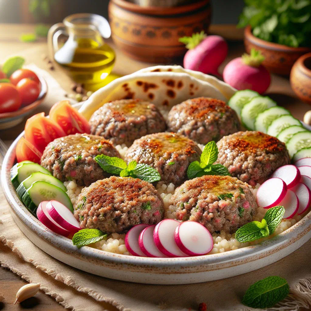 Kebbeh nayyeh of raw lamb and bulgur garnished with fresh mint and olive oil