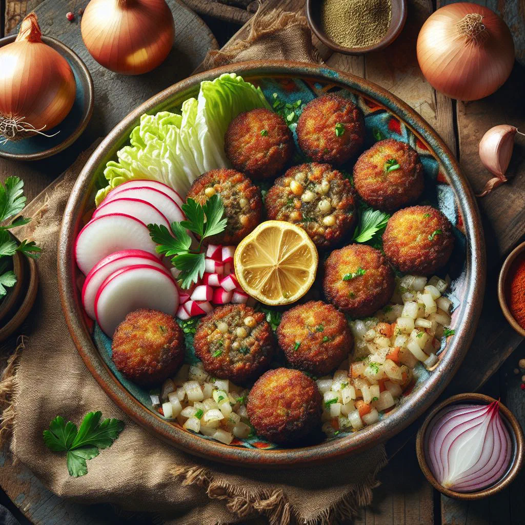 Golden pan-fried fish kibbeh patties garnished with parsley and lemon