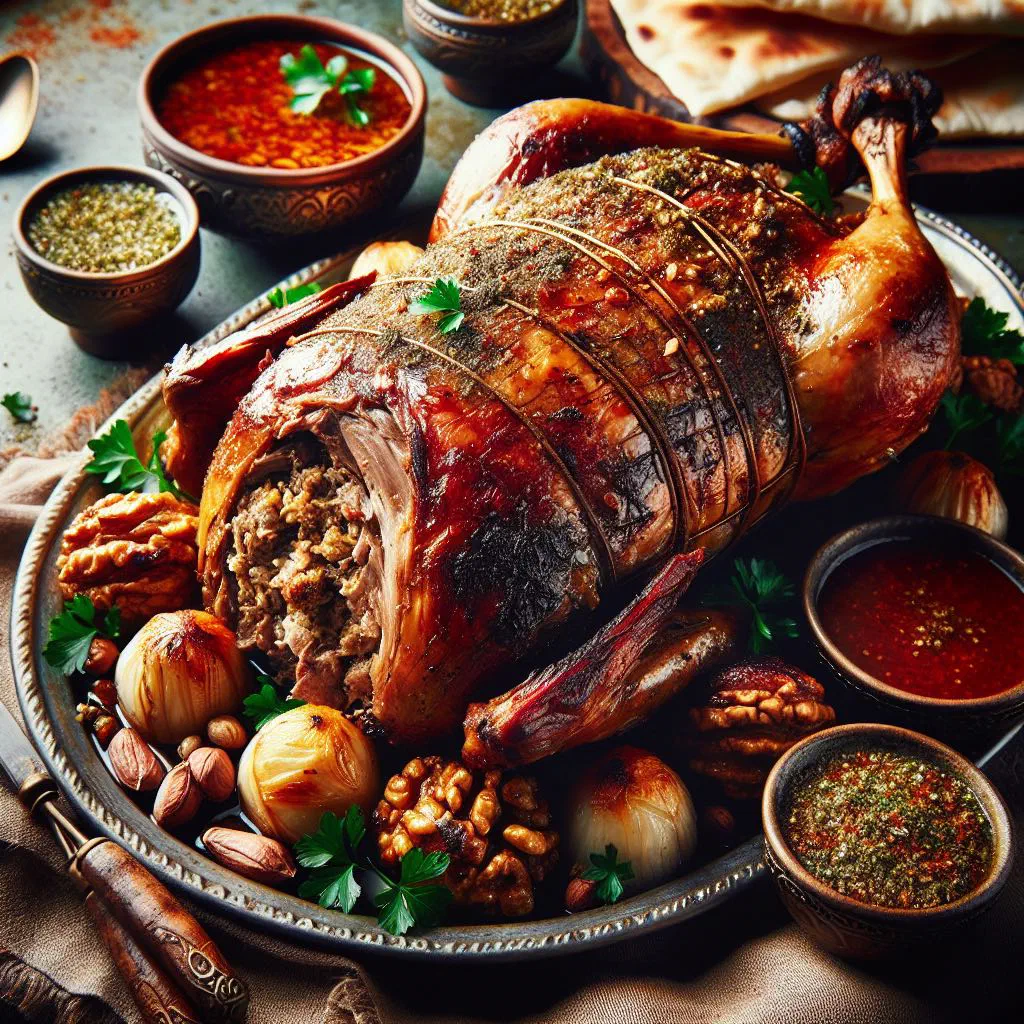 Whole roast lamb stuffed with spiced rice, garnished with fresh herbs