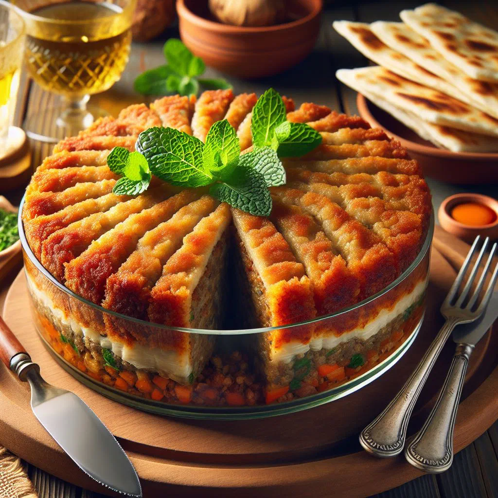Baked kibbeh bel sanieh cut into diamonds in a round tray