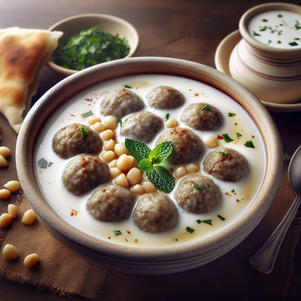 Bulgur kibbeh simmered in a creamy yoghurt sauce, garnished with fresh mint
