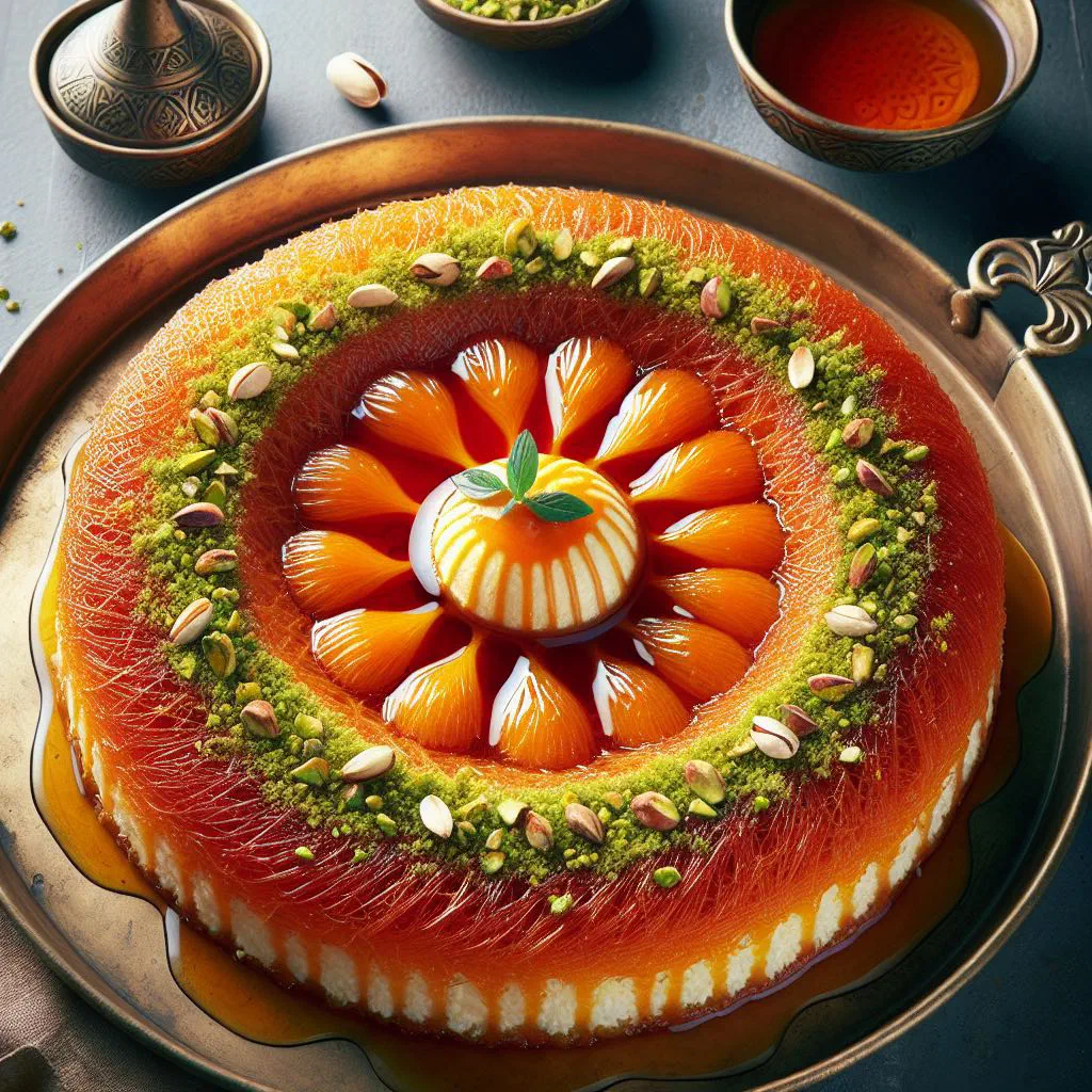 Knafeh Nabulsieh topped with chopped pistachios and golden sugar syrup