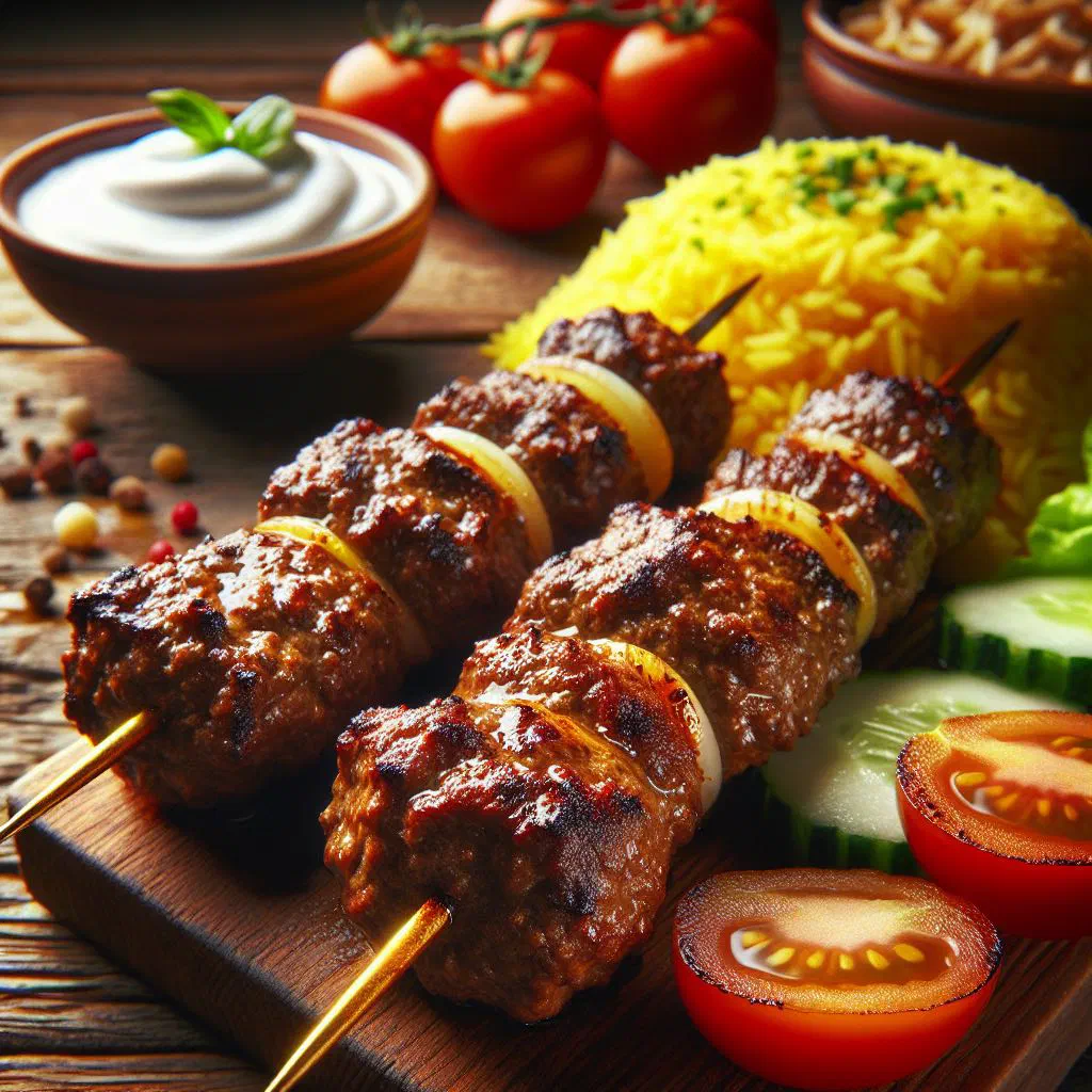 Grilled kofta kebab skewers of spiced minced meat with herbs