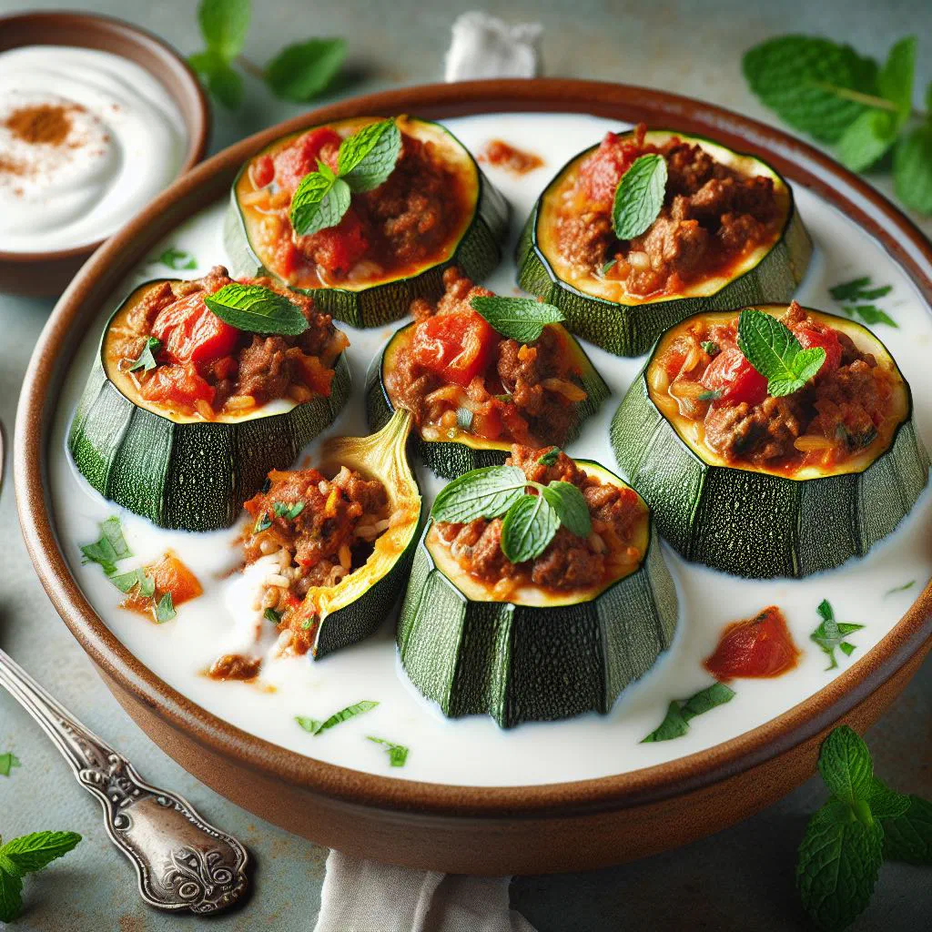 Stuffed courgettes in creamy yoghurt sauce, garnished with fresh herbs