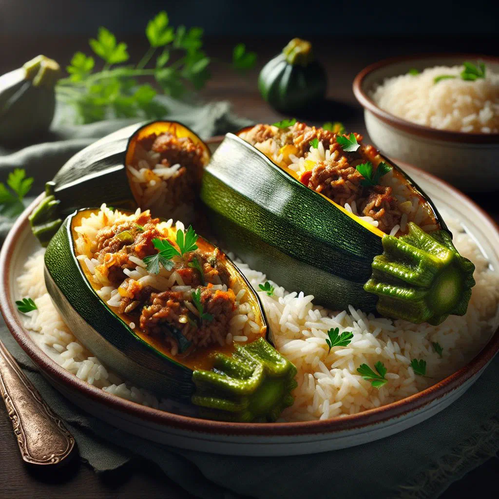 Stuffed courgettes simmered in tomato sauce, garnished with fresh herbs