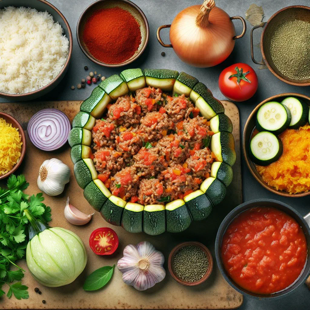 Stuffed courgettes simmered in tomato sauce, garnished with fresh parsley