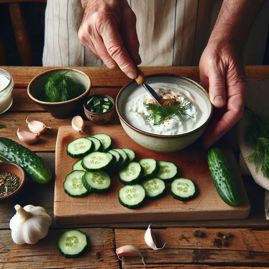 Bowl of creamy Lebanese yoghurt and cucumber salad garnished with fresh mint