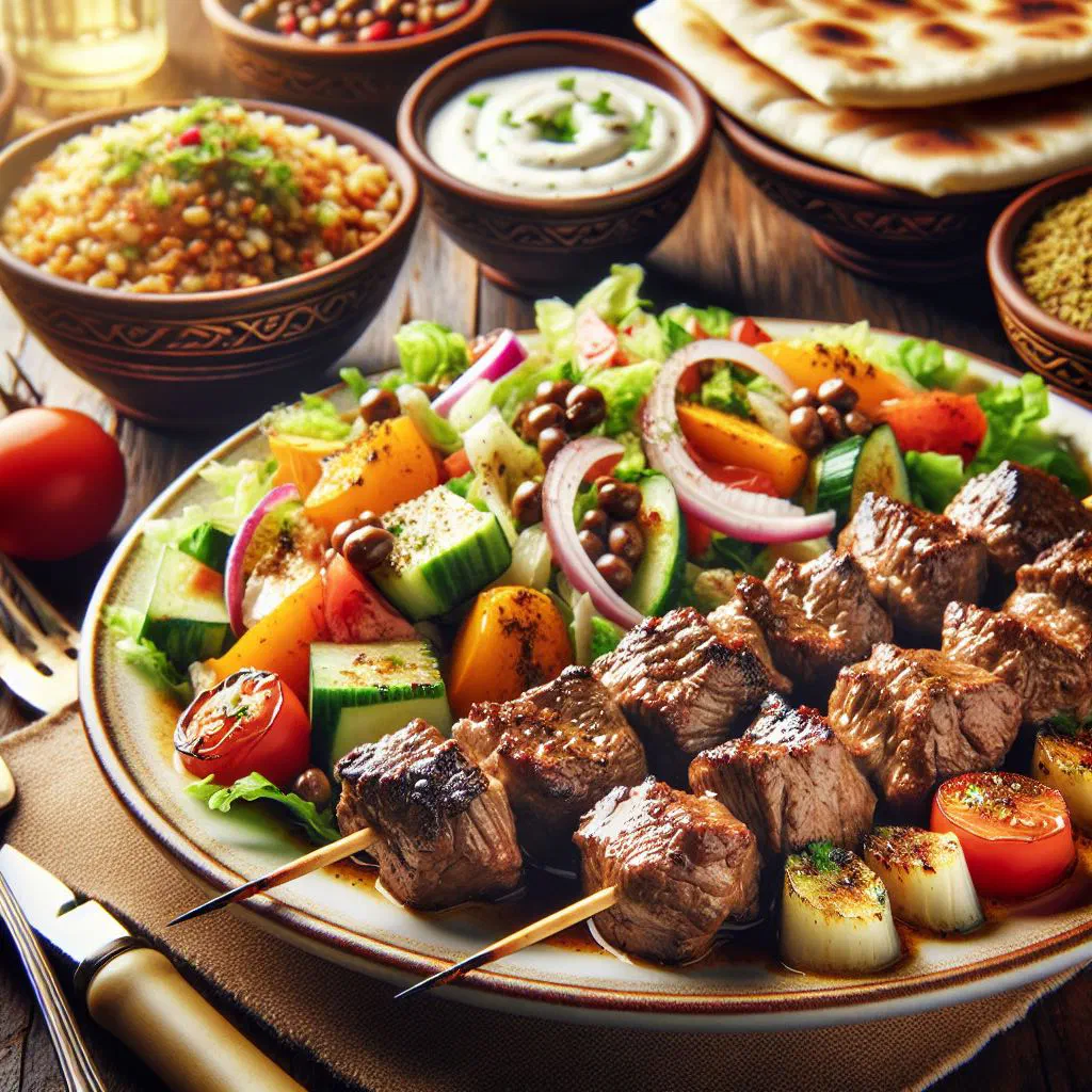 Grilled marinated lamb skewers garnished with fresh parsley