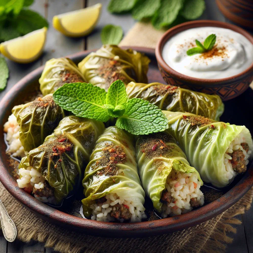 Lebanese malfouf cabbage rolls stacked in a pot with broth