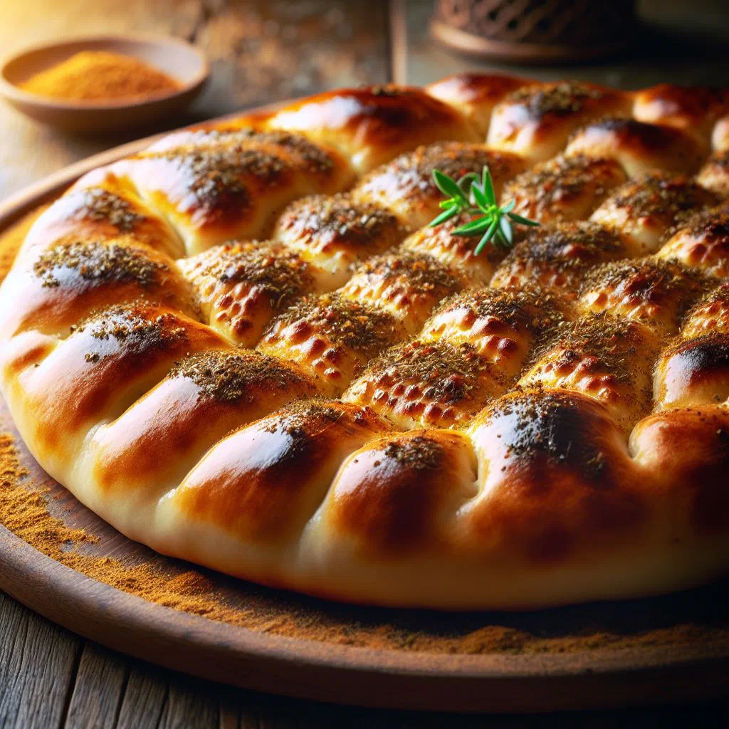 Freshly baked manakish flatbread topped with za'atar and olive oil