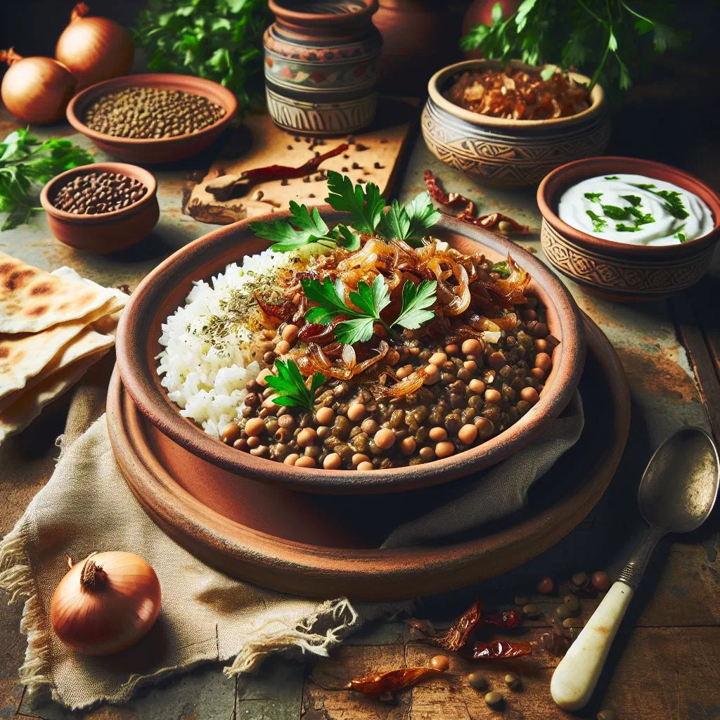 Moujaddara of lentils and rice topped with golden caramelised onions