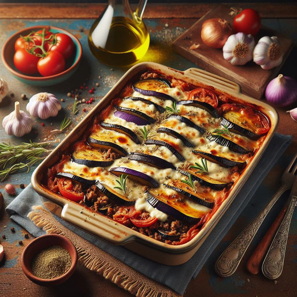 Layered Lebanese moussaka with aubergine, minced meat and tomato, garnished with parsley