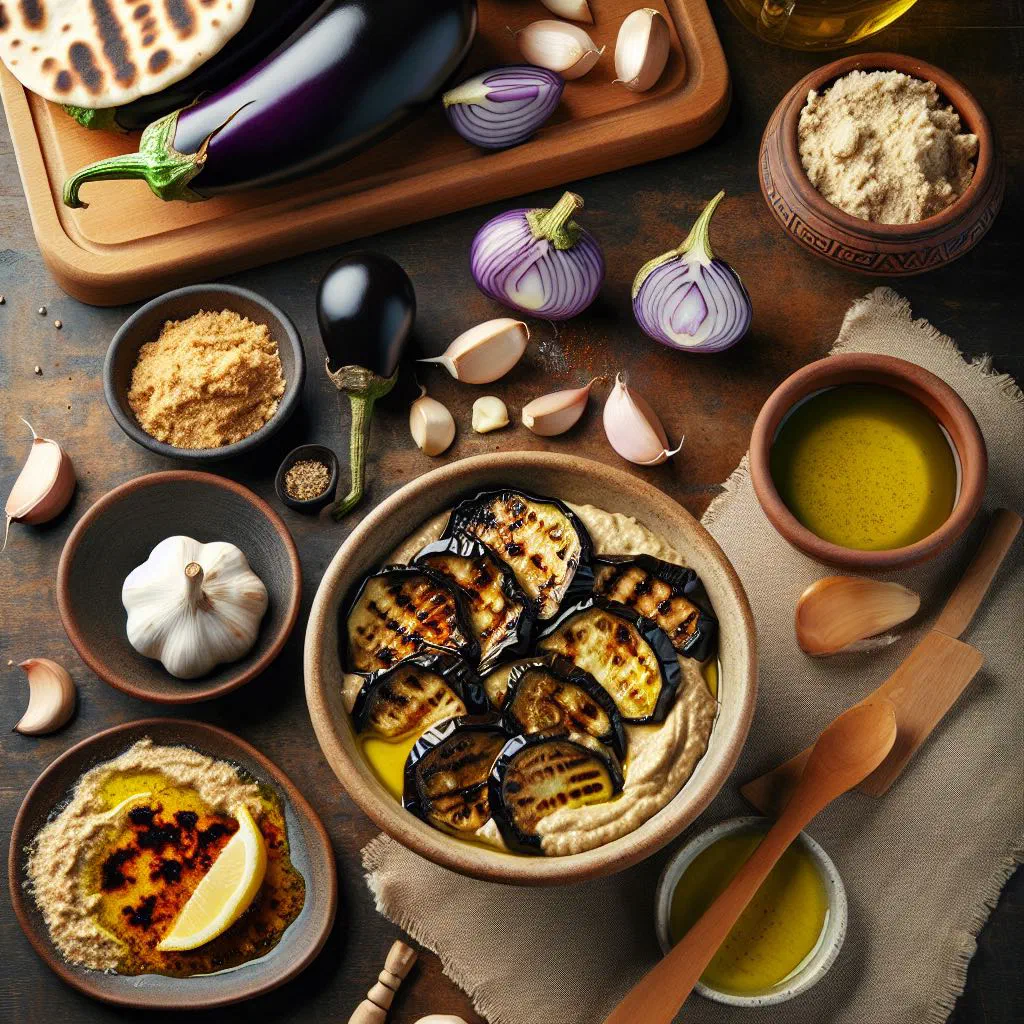Creamy moutabbal betinjan aubergine dip drizzled with olive oil and parsley