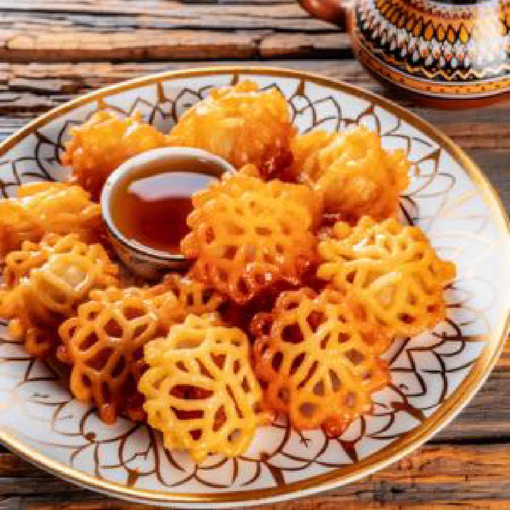Golden fried Mshabak dough balls served on a platter