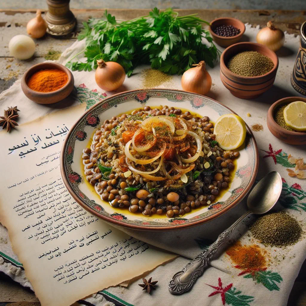 Mujadara of lentils and rice topped with golden caramelised onions