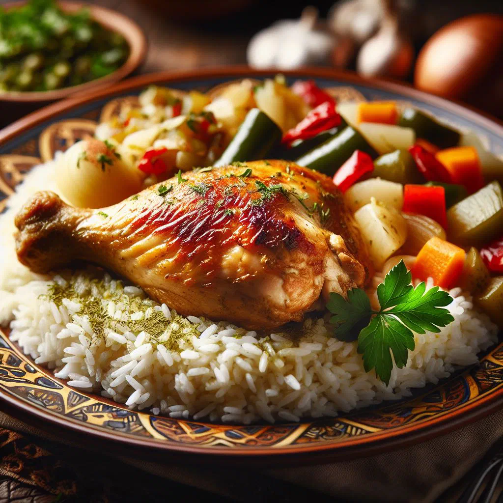 Lebanese chicken and rice topped with toasted almonds on a serving platter