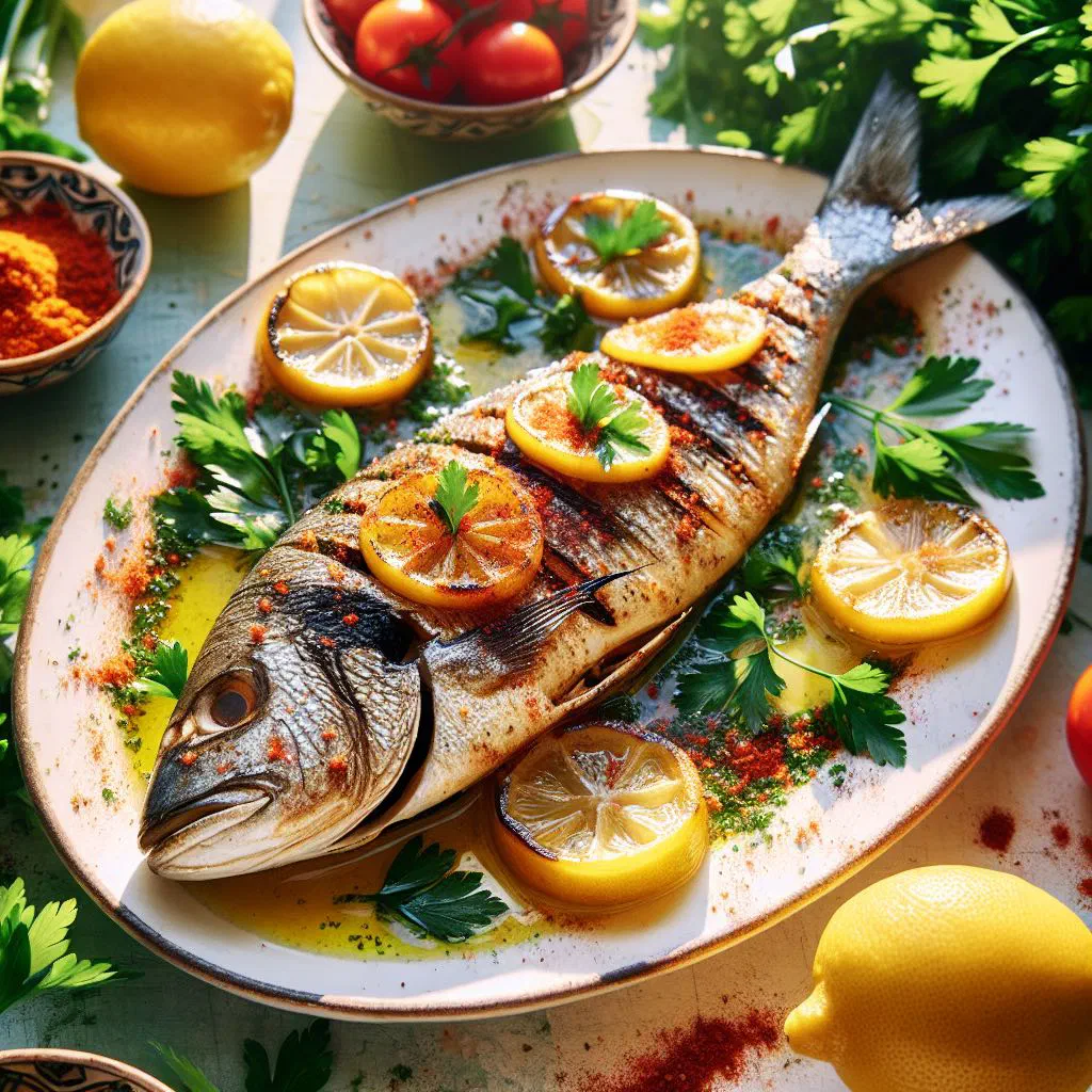 Whole grilled fish with lemon, fresh herbs and charred vegetables