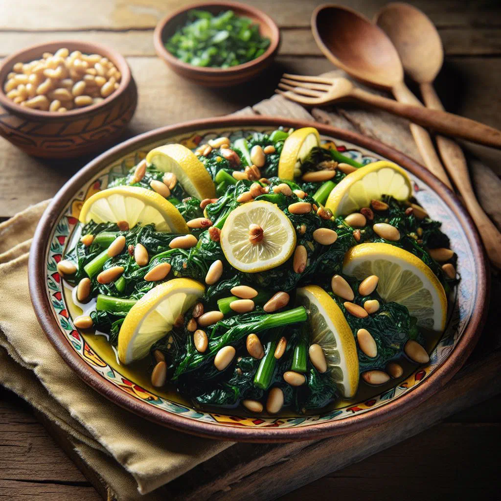 Sautéed spinach in olive oil with onion and garlic in a shallow bowl