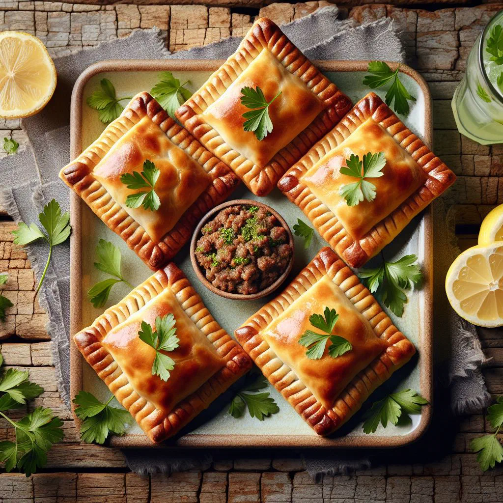 Open-topped Lebanese sfeeha meat pies on a serving platter