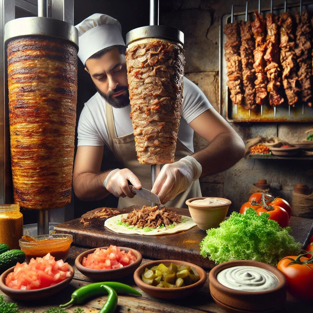 Lebanese shawarma wrap filled with spiced meat and fresh vegetables