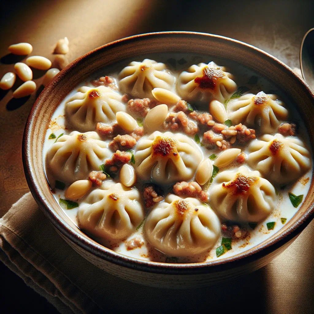Shish barak dumplings simmering in a creamy yoghurt sauce, garnished with parsley
